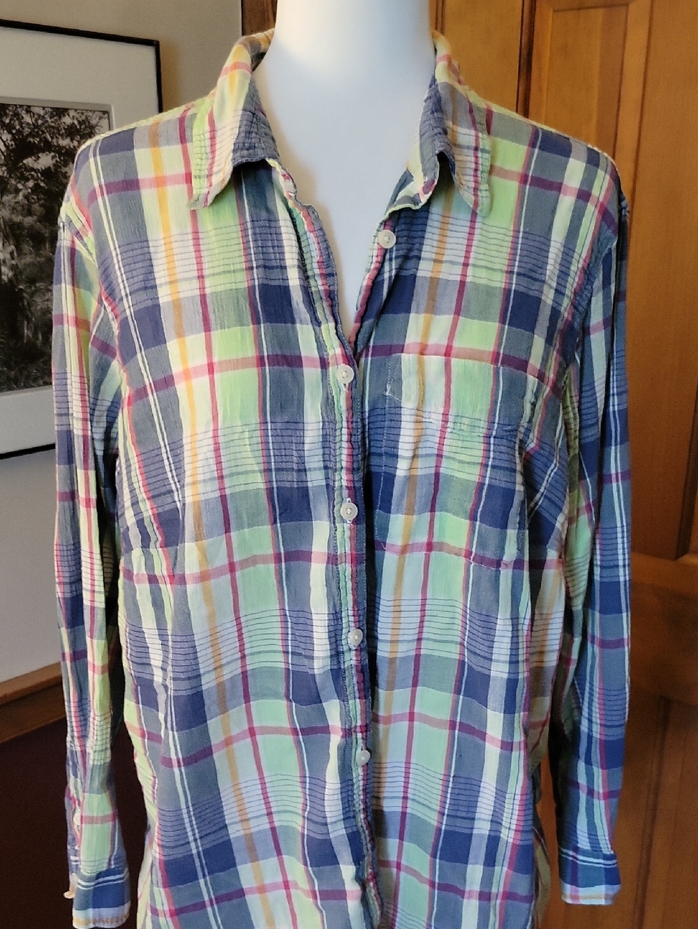 CHAPS Women's Colorful Blue and Green Plaid Cotton Gauze Button-Up Shirt